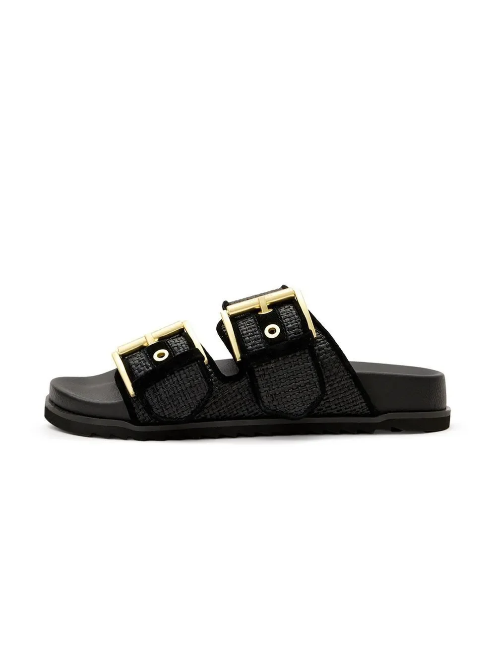 AllSaints Black Woven Double-Strap Slides with Metallic Buckles SB9